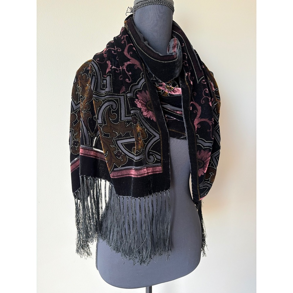 Black Silk Blend Velvet Burnout Floral Beaded Fringe Shawl Wrap Scarf RN 108740